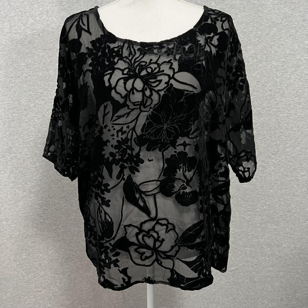 Bobeau Blouse Womens Medium Black Sheer Velvet Burnout Floral Top Witchy Goth